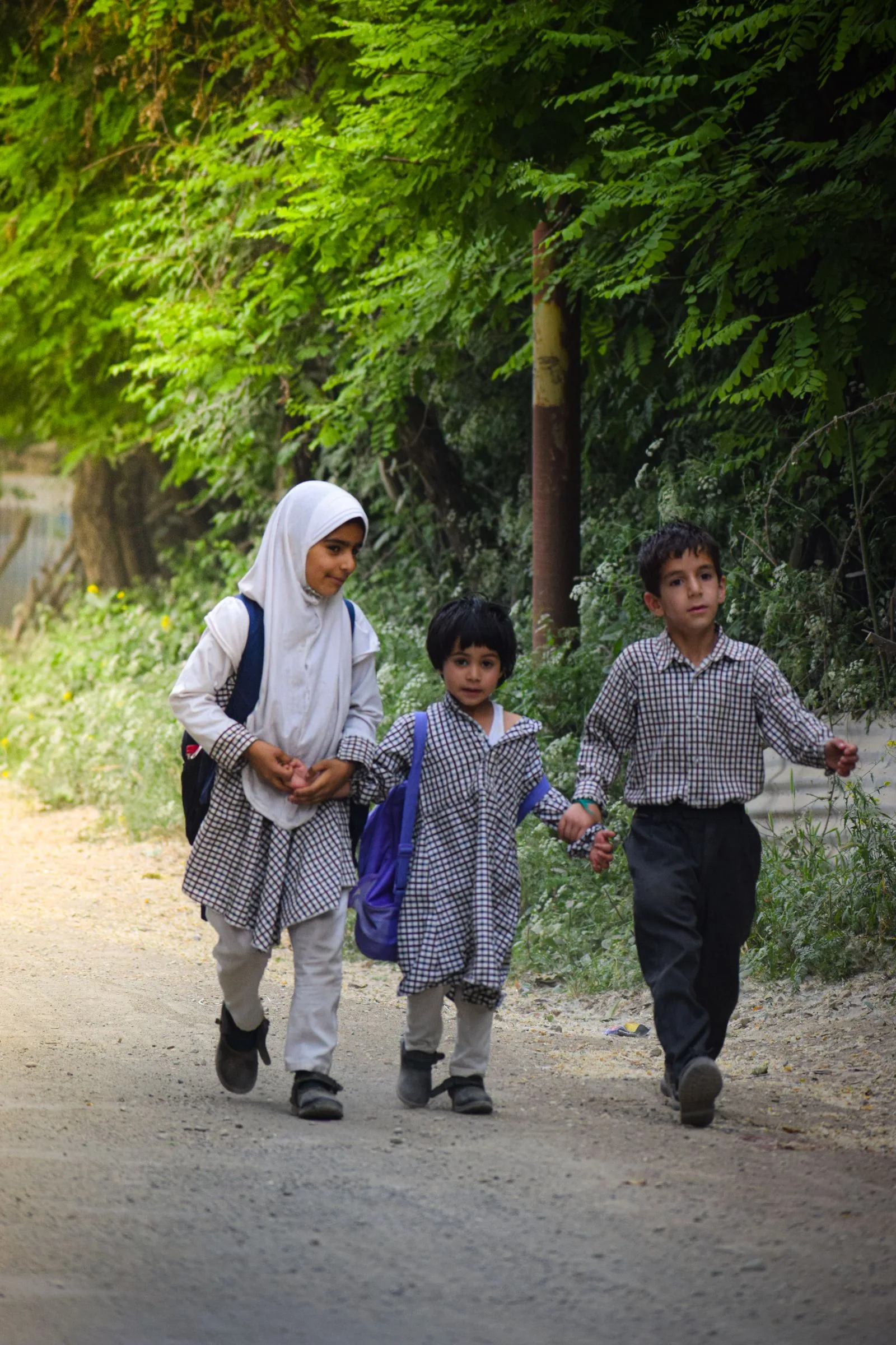 Three children walking together along a path to school