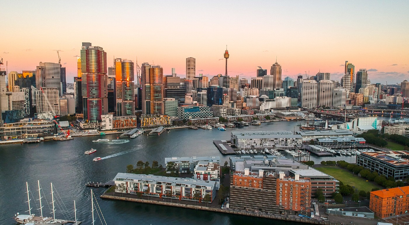 Sydney's business district and Darling Harbour at sunset